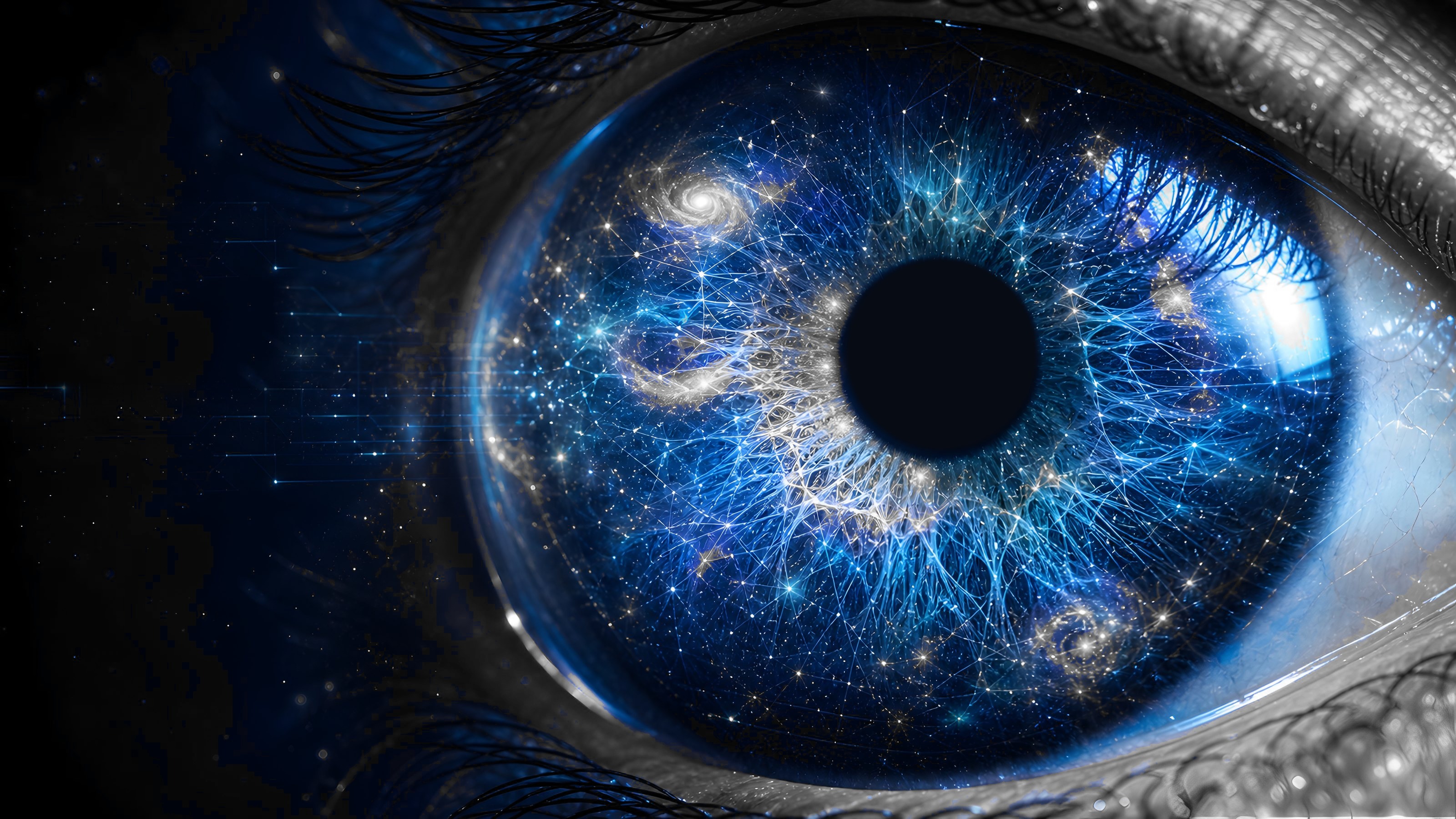 A human eye whose iris holds a galaxy and a neural network of light