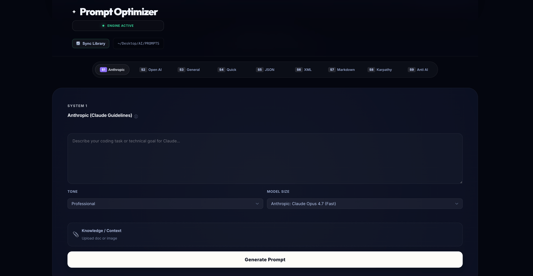 Prompt Optimizer — multi-system prompt engineering workbench