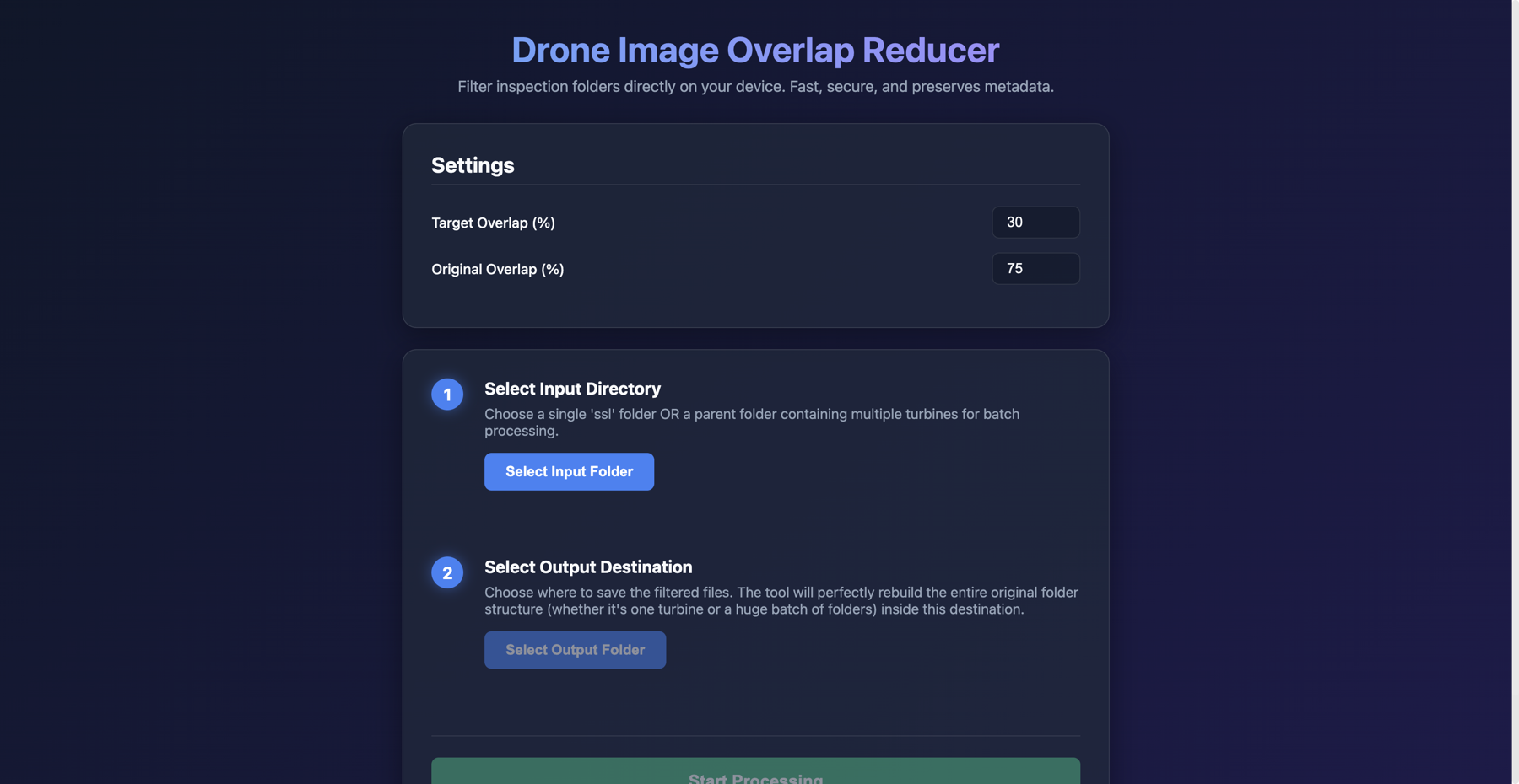 Drone Image Overlap Reducer: filters inspection image folders by target overlap percentage, preserving metadata and folder structure